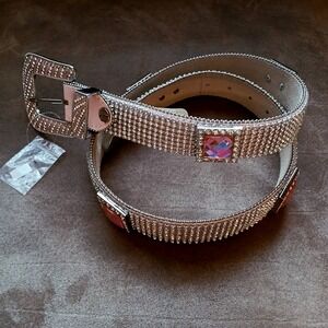 BHW Rhinestone Embellished Pink Belt Silver Tone Buckle Women's Size Large 34-38